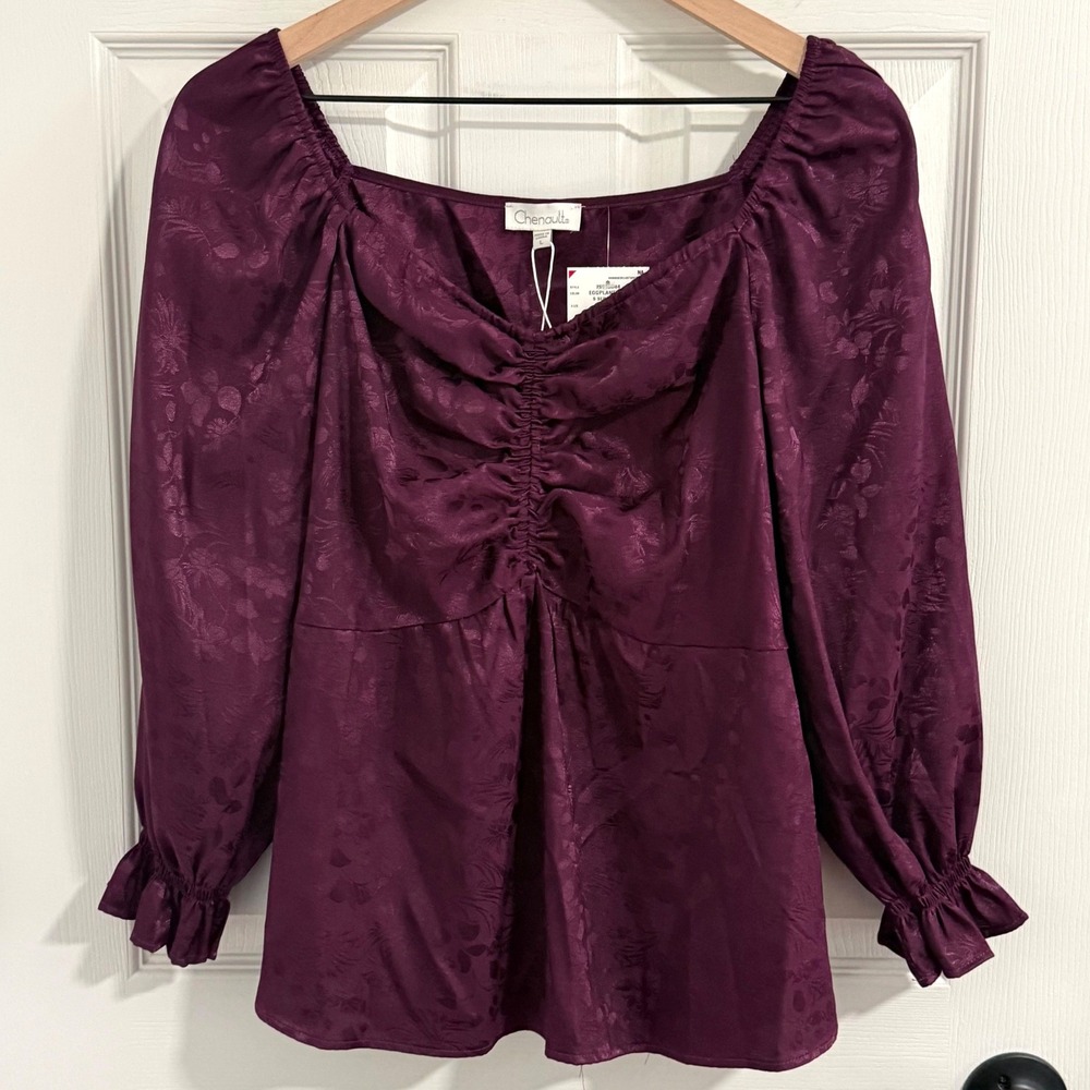 Vintage Babydoll Top Womens Large NWT Purple Floral Jacquard Blouse Whimsigoth